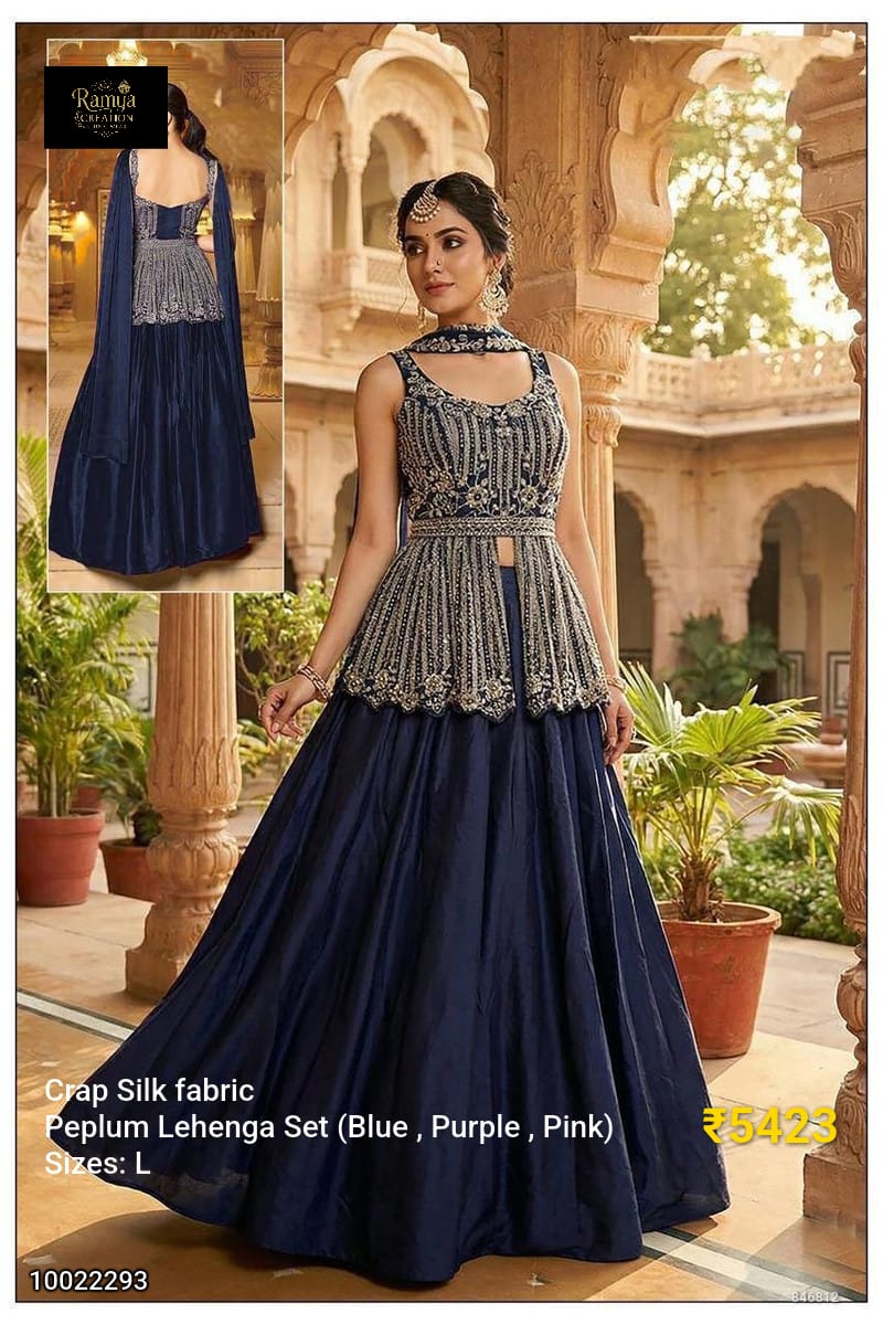 Navy Blue Embroidered Peplum Lehenga Set