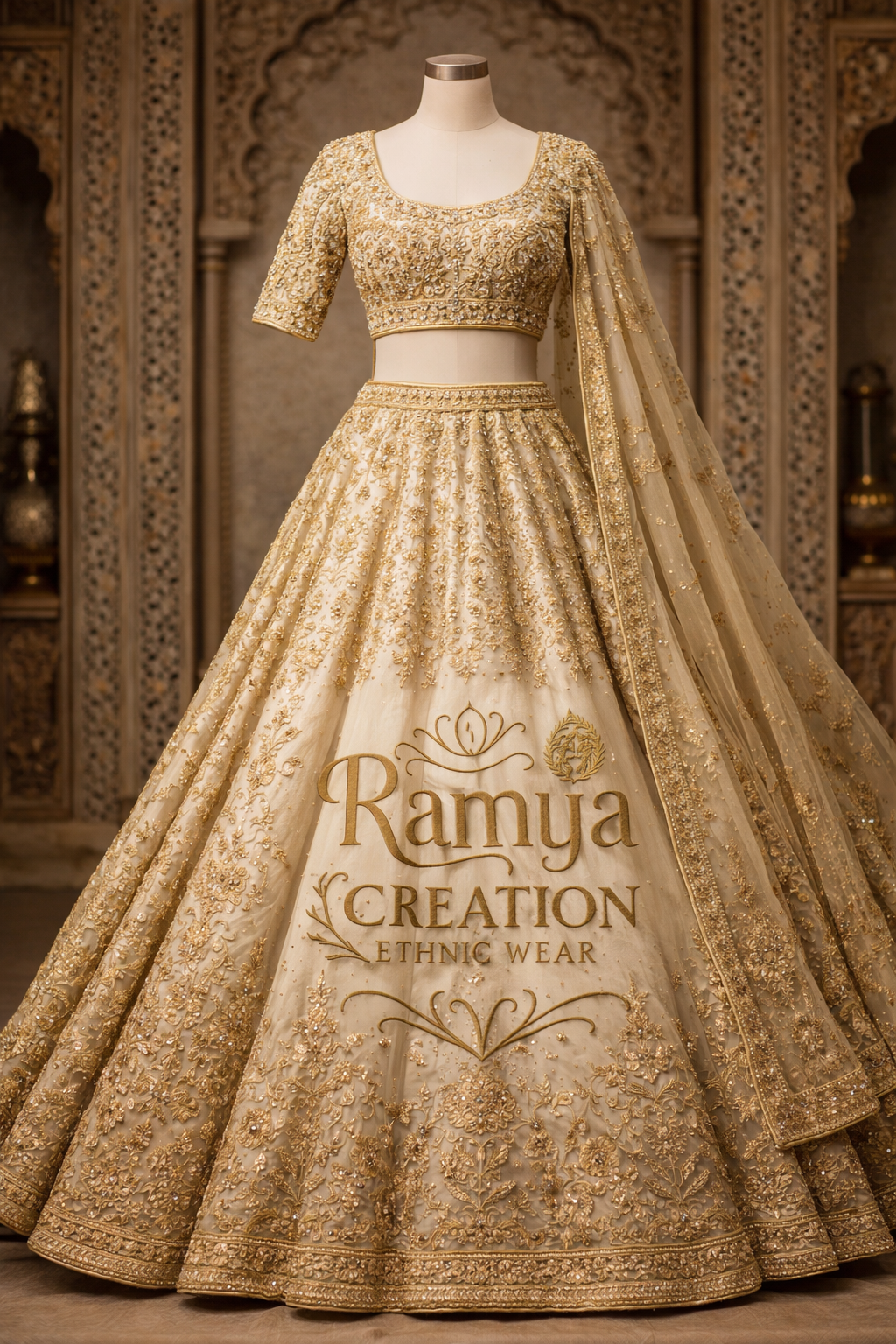 Off-White/Cream Sleeveless Lehenga Set