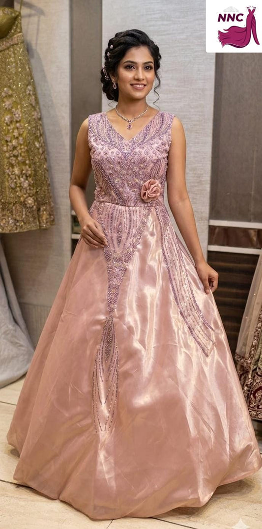 Pastel Mauve Shimmer Silk Designer Gown