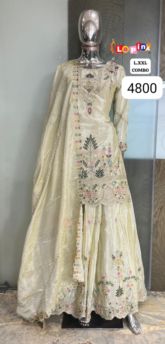 Classic Cream Floral Embroidered Sharara Set