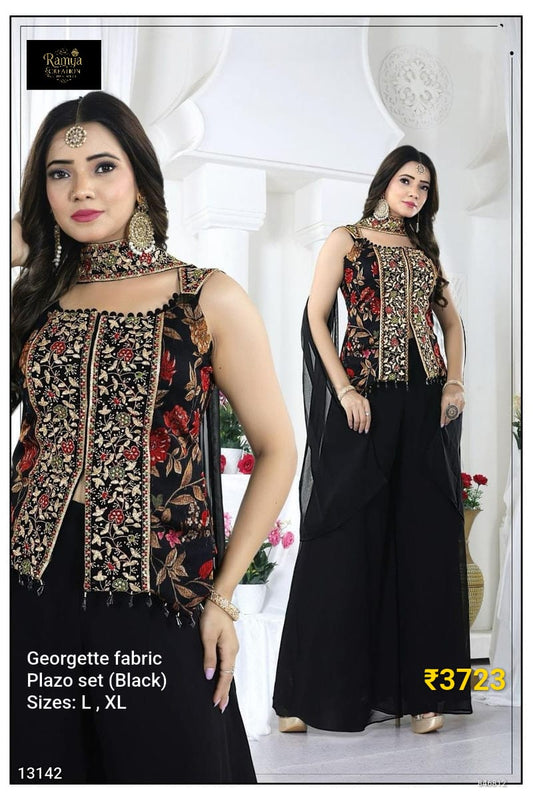 Black Embroidered Georgette Palazzo Set with Dupatta