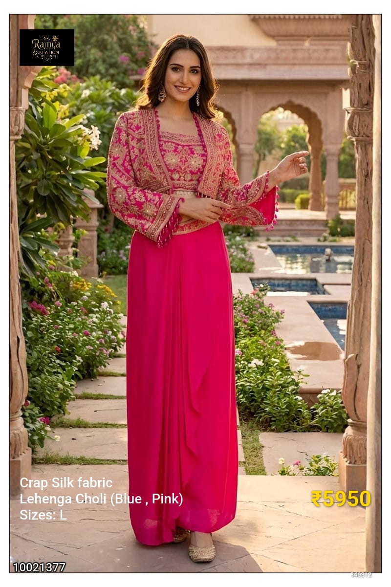 Pink Embroidered Crop Top & Lehenga Set with Jacket