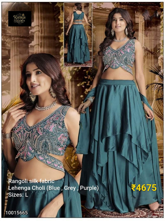 Teal Blue Embroidered Rangoli Silk Lehenga Choli Set