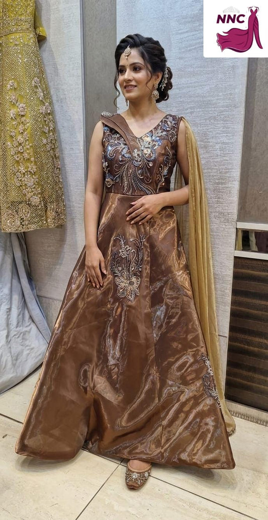 Bronze Metallic Silk Indo-Western Gown Set